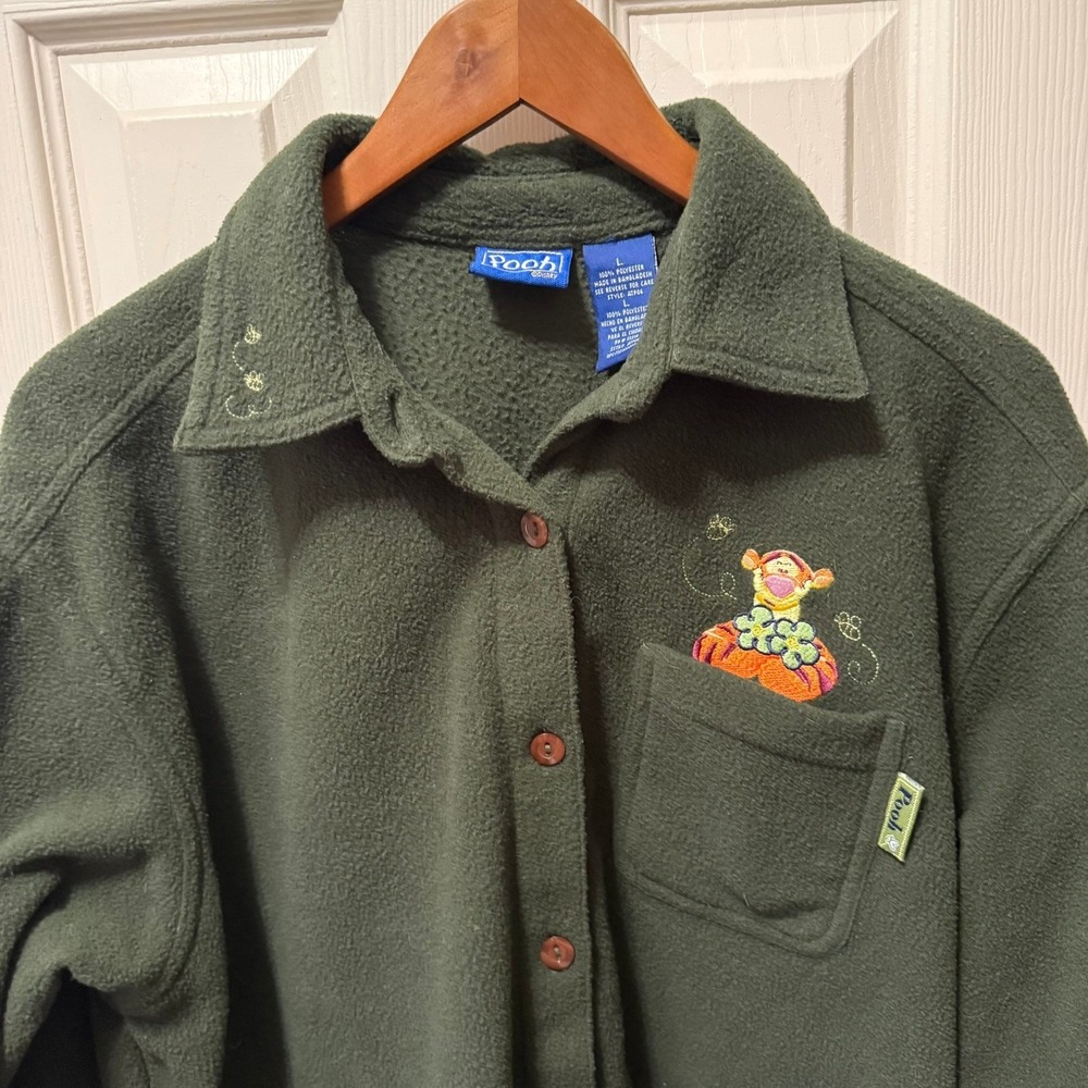 VTG 90s Disney Store Tigger Fleece L Shacket Shirt Jacket Green Embroidered Fall - Picture 2 of 11